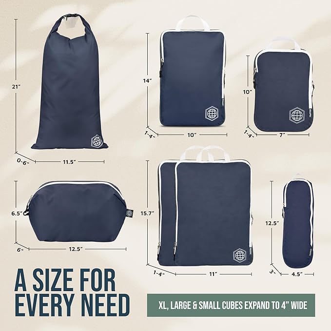 Large Compression Packing Cubes for Travel-Packing Cube Luggage Organizers 7 Piece Set for Checked Luggage-Ultralight, Expandable/Compression Bags by TRIPPED Travel Gear (Navy/White)