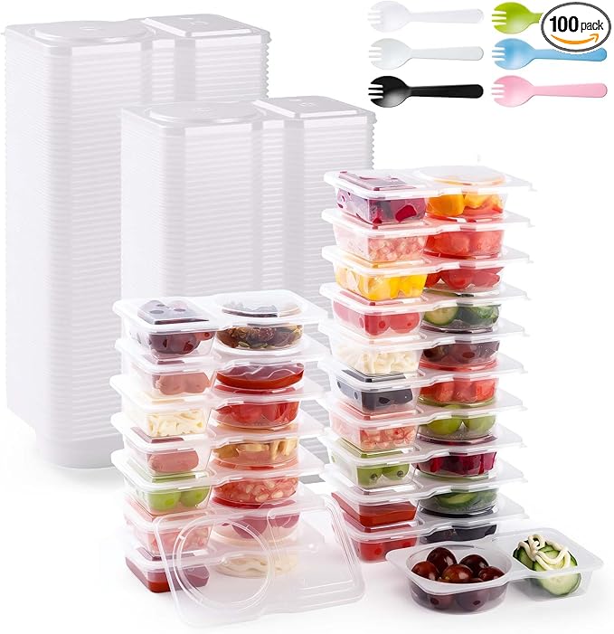 100PCS Reusable Snack Containers with Lids,2 Compartment Snack Containers with 100 Spoons,Snack Pack Containers for Condiments,fruits and salads