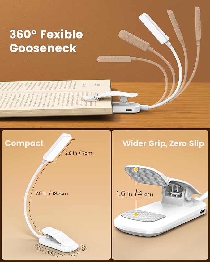 Glocusent 13 LED Rechargeable Book Light for Reading at Night, Eye-Caring 3 Amber Colors & Stepless Dimming, Lasts 1 Week to 2 Months, Travel Clip on Lamp, Gifts for Book Lovers, Men, Women & Kids