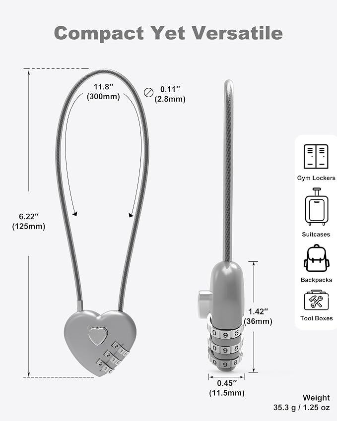 Combination Lock with Cable, Combo Lock with Code, Small Cable Padlock Combination for Travel Essentials, Luggage, Bike Motorcycle Helmet, Outdoor Fence Gate, Cabinet, Refrigerator Door