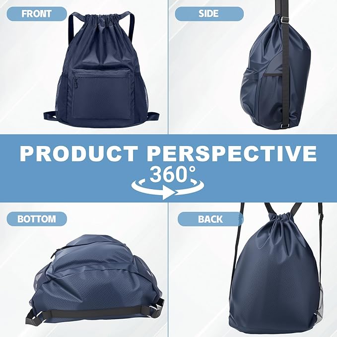 Tygelluis Drawstring Backpack, Waterproof Gym Bag with Water Bottle Pocket for Women Men, Pull String Sport Bag for Swim, Soccer and Basketball,Navy
