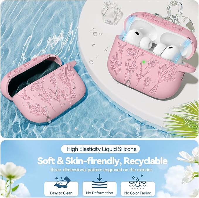 for Airpods Pro 3 Case with Magnetic Lid, Flower Engraved Cases for Apple AirPods Pro 3rd Generation 2025, Soft Silicone Cover for Women Girly with Cleaner & Keychain, Shockproof