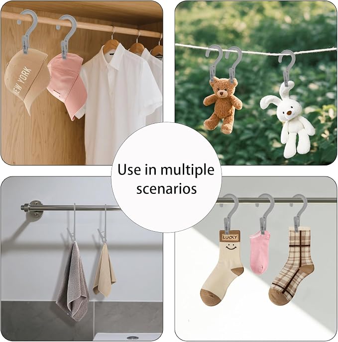 Andiker 4pcs Laundry Hooks with Clips, 5.2" Super Strong Clamping Plastic Single Clip Hangers Portable Travel Hangers with Clips to Hang Socks Towels Boots and Dry Wet Clothes (Grey)