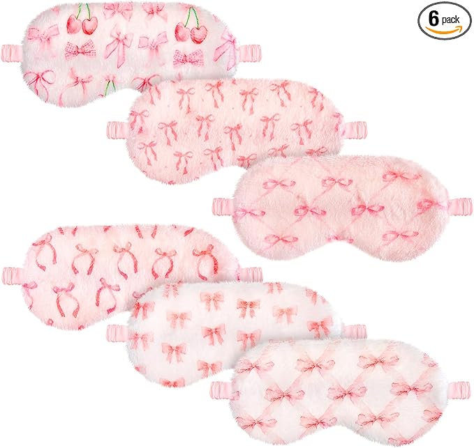 Cuffbow 6 Pack Plush Sleep Mask Set, Cute Plush Eye Masks for Sleeping, Soft Comfortable Travel Nap Blindfold, Sleepover Party Favors for Women(Bow,Pink)