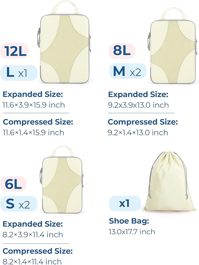 BAGSMART Compression Packing Cubes for Travel, 6 Set/14 Set Compressible Luggage Organizer for Cruise Ship, Lightweight Travel Essentials (1L+2M+2S+Shoe bag+Drawstring bag+Toiletry bag+6Plastic bags)