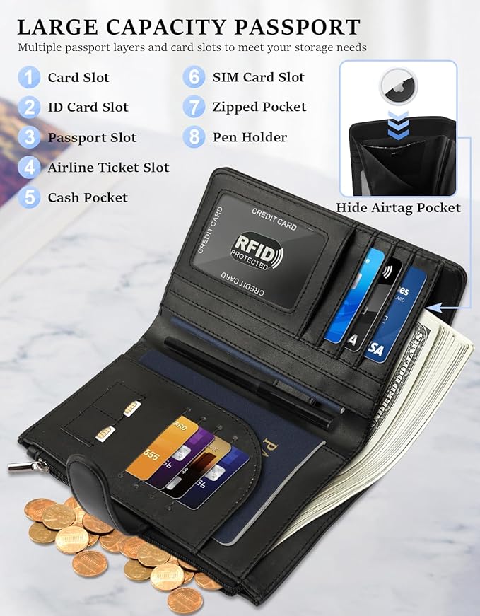 RFID Passport Holder for Women/Men Travel Gifts, Large Capacity Passport Wallet, Family Travel Documents Organizer with Card/Airtag Slots, Zipper coin pocket, Cash Holder Passport Cover Case (Black)
