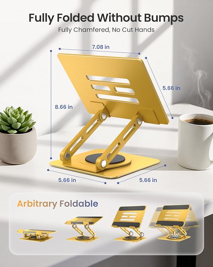 LOXP Metal Tablet Stand, 360 Rotating iPad Stand with Heavy-Duty Base, Tablet Holder Compatible with 4.0-16.9" Device, iPad Pro Air Mini, Kindle, Surface Tablet, Portable Monitors - Gold