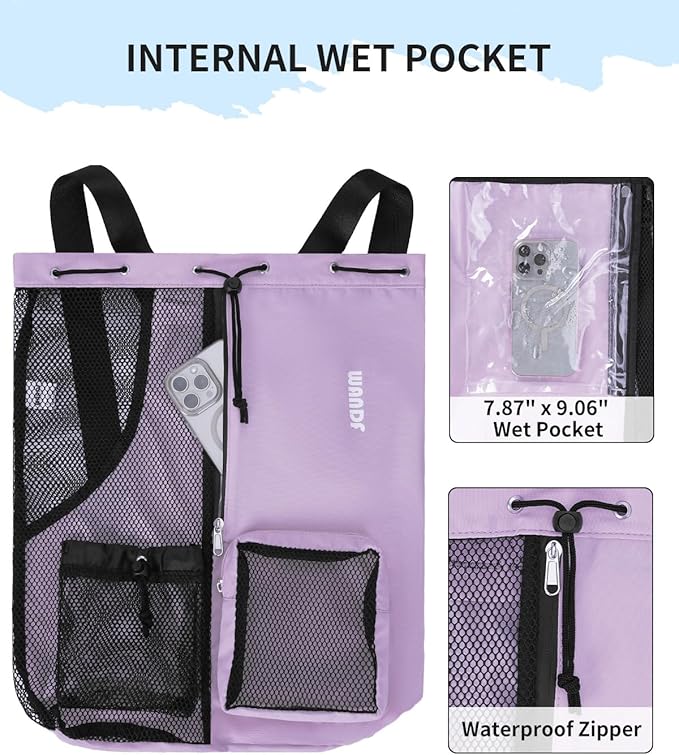 WANDF Swim Bag Mesh Drawstring Backpack with Wet Pocket for Swimming, Gym, and Workout Gear