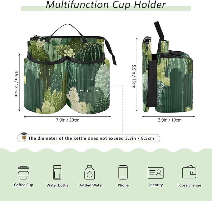 Luggage Cup Holder for Suitcases Free Hands Suitcase Cup Holder Travel Luggage Drink Holder Portable Luggage Cup Caddy Bag Carrier with Handle Green Cacti Plants