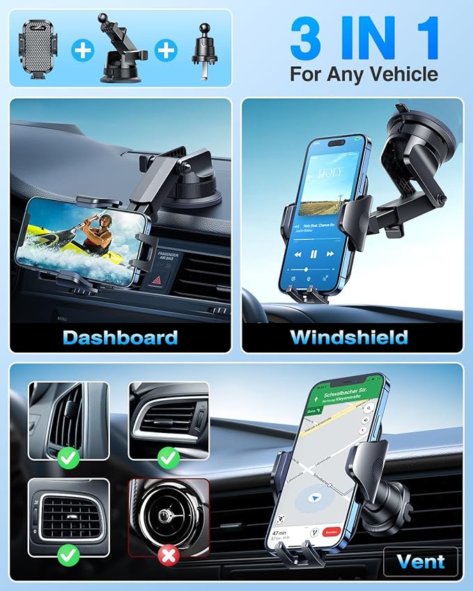 [True Military-Grade] Car Phone Holder VANMASS [Upgraded Strongest Suction&Clip] Cell Phone Mount for Dashboard Windshield Vent Wall,Truck Cradle Stand for iPhone 17 Pro Max 16 15 14 Android,Ink Black