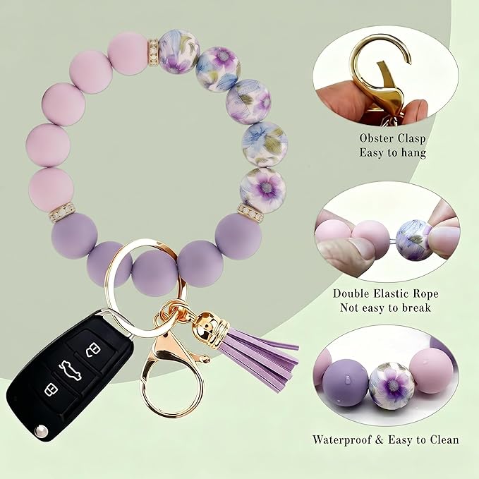 2PCS Bracelet Key Ring Set, Cute Car Key chain Wristlet, Silicone Beaded Bangle keyChains for Women Girls
