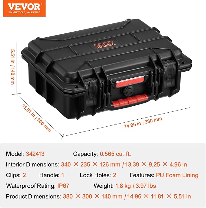 VEVOR Weatherproof Hard Case, Heavy Duty Protective Dry Box with Pre-cut Foam, Retractable Pull Handles for Travel, Hunting, Military, Tactical, IP67 Waterproof Case for Cameras(14.96x11.81x5.51)