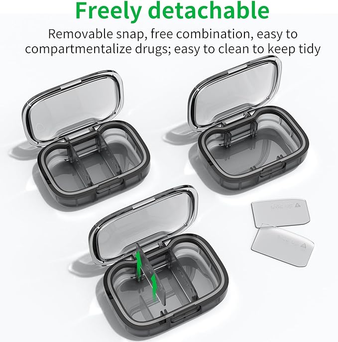 2 Pack 3 Compartment Small Pill Box, Moisture Proof Pill Case, Travel Pill Organizer for Pocket Purse, Daily Portable Medicine Vitamin Box, Fish Oil Box, Supplement Box (Black+Orange)