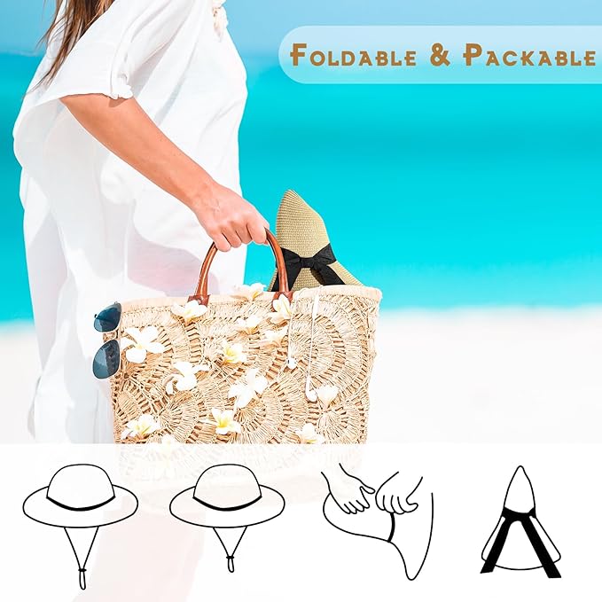 Beach Hat for Women, Wide Brim Sun Straw Hats for Women, Sun Hat Womens UPF 50+ UV Protection, Floppy Foldable Summer Hats