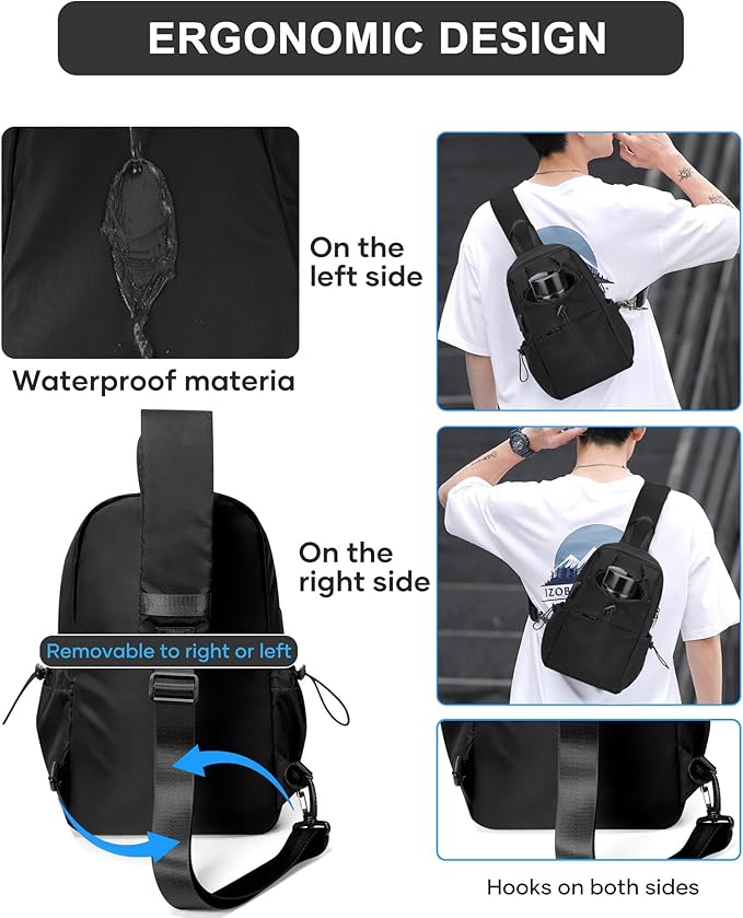 SEAFEW Black Sling Crossbody Bag for Men Women, Tactical Backpack Shoulder Daypack Mini Anti-Theft Cross Body Motorcycle Chest Bags, Small One Strap Fanny Back Pack for Casual Travel Hiking Sport Gym