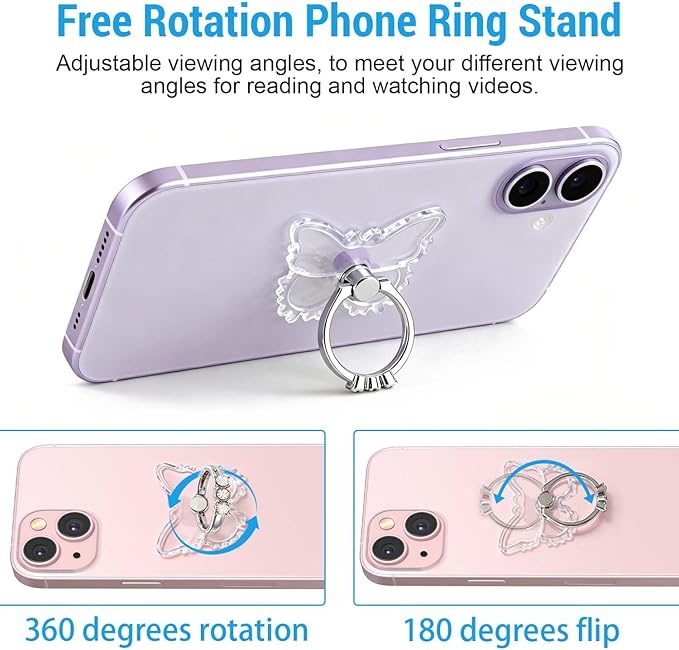 2PcsTransparent Phone Ring Holder Grip, Clear Butterfly Cell Phone Ring Holder Stand with Diamonds,360°Rotation Finger Grip Ring Kickstand Compatible with Most Smartphones,Tablets and Case