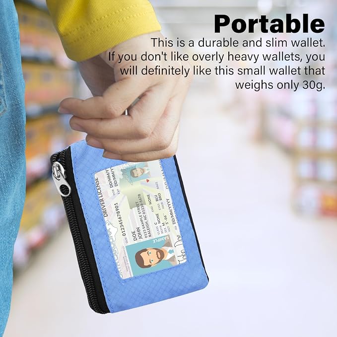 Minimalist RFID Wallet with Lanyard, Multi-Functional ID Case with 2 Zipper Pockets and Key Chain for Men and Women, Tactical Badge Pouch Cards Holder, Coin Purse for Travel Sports - Green&Blue