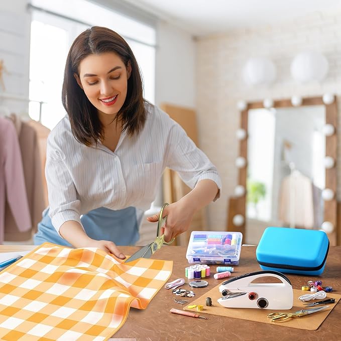 Handheld Sewing Machine Heavy Duty, with Blue Leather Storage Case and 110-Piece Sewing Kit, Mini Portable, Ideal for Adults & Beginners, Complete Set of Quick Home Clothing Repair Tools, Good Gift