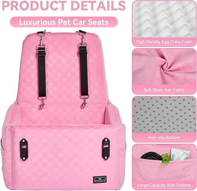 PETSFIT Dog Car Seat for Small/Medium Dogs Up to 35 lbs – Patented Safety System, 5" Memory Foam Pet Booster Car Seat, Fully Detachable and Washable Dog Carseat with 2 Storage Pockets (Pink)