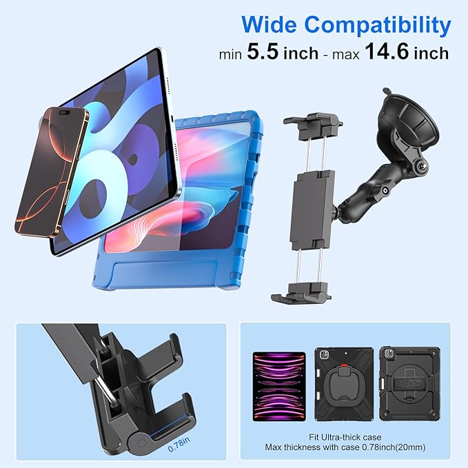 PLDHPRO Tablet Holder for Car Dashboard & Windshield, Universal iPad Car Mount Suction Cup Stand for 5.5" - 14.6" Phones & Tablets Compatible with iPhone 17/16/15, iPad, Galaxy Tab - 5.5-14.6 inch