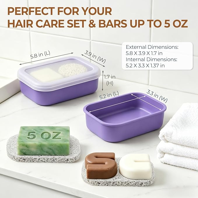 AIMAIAIMAI Silicone Shampoo Bar Travel Case with Drain Pad – Leak Proof Bar Soap Travel Case for 2 Bars, Shampoo & Conditioner Bar Holder for Camping, Gym | 1 Pack, Translucent & Light-Purple