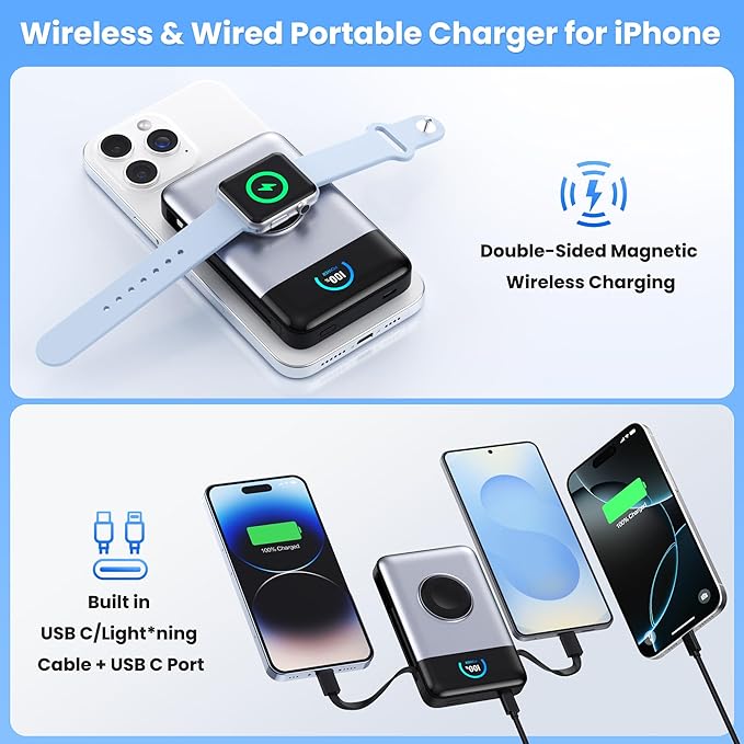 Ekrist Magnetic Portable Charger for MagSafe with Built-in Cable,iWatch Charger,Wireless Power Bank Travel Essentials,25W Fast Charging Battery Pack for iPhone 17/16/15,Apple Watch(Sliver,10800mAh)