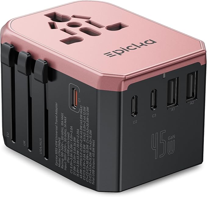 EPICKA Universal Travel Adapter GaN 45W, European Travel Plug Adapter with PD&QC Fast Charging(2 USB-A & 3 USB-C) - Worldwide Travel Essentials, International Power Adapter for UK/US/AU (Rose Gold)