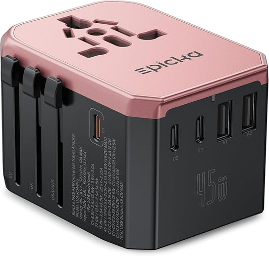EPICKA Universal Travel Adapter GaN 45W, European Travel Plug Adapter with PD&QC Fast Charging(2 USB-A & 3 USB-C) - Worldwide Travel Essentials, International Power Adapter for UK/US/AU (Rose Gold)