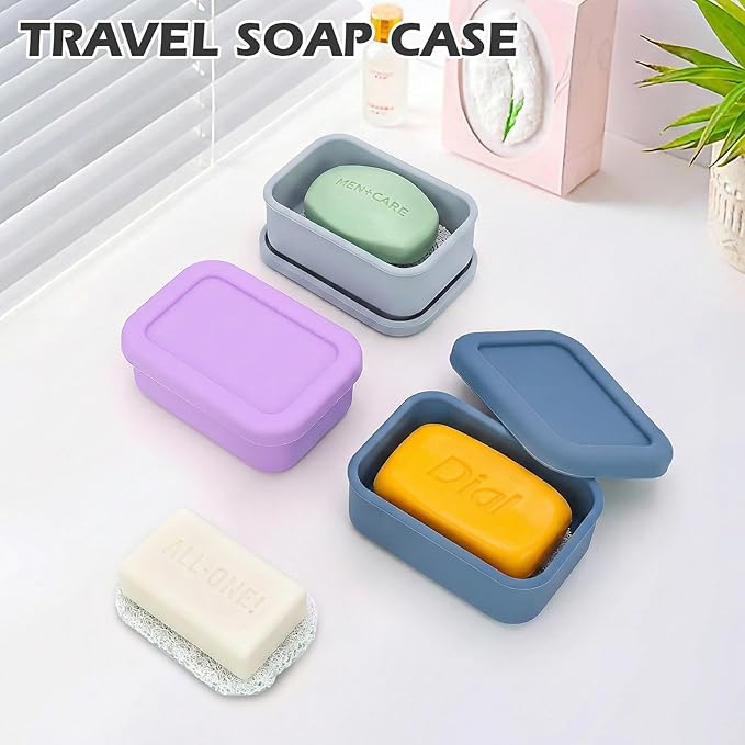 AIDIMMING Leak Proof Silicone Travel Soap Case with Drain Pad, Compact Bar Soap Container with Lid, Portable Soap Holder for Standard Bar Soap & Handmade Soap, Travel Camping Gym (Light Gray)