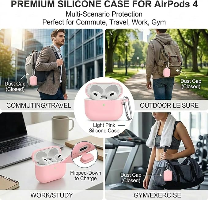 Silicone Case Cover for AirPods 4th Gen, Soft Skin, Full Protection, Keychain, Cleaner Kit (Pink)