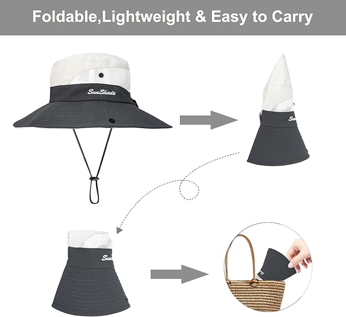 Women's Summer Sun-Hat Ponytail - Outdoor UV-Protection Mesh Wide Brim Foldable Hat with Ponytail Hole