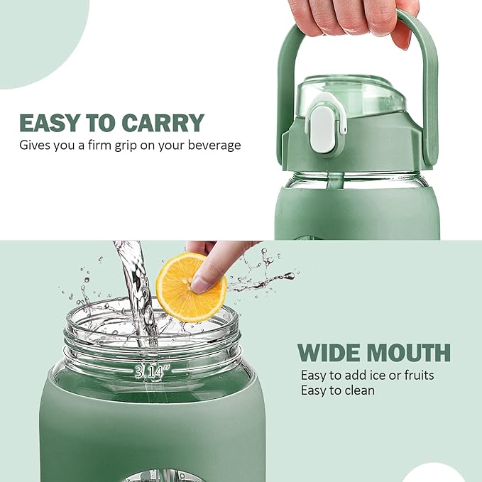 64oz Glass Water Bottles with Straw, Half Gallon Motivational Glass Bottle with Silicone Sleeve and Time Marker, 2L Leakproof Large Glass Water Jug for Gym Home Office,olive