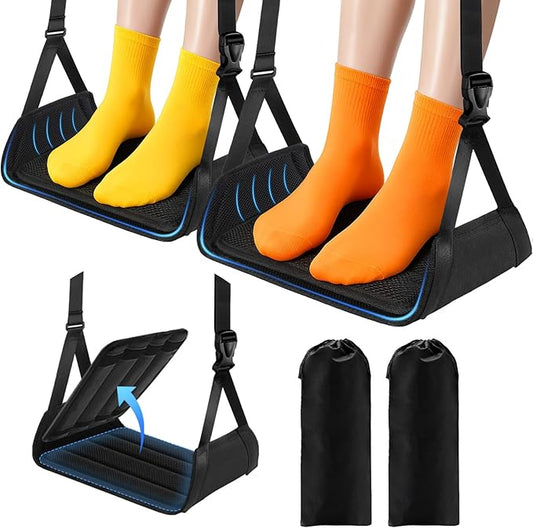2 Pack Airplane Foot Rest - Lightweight Foot Hammock for Plane Travel with Adjustable Strap & Thick Board, Tray Table Under Desk Footrest to Relax Feet, Travel Essentials for Long Flights(Black)