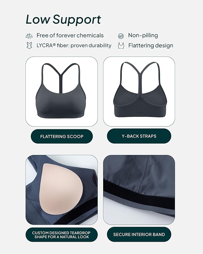 PAVOI ACTIVE Yoga Racerback Bras for Women - Buttery Soft Low Support Scoop Neck Y-Back Thin Strap Sports Bra - FlexFlow