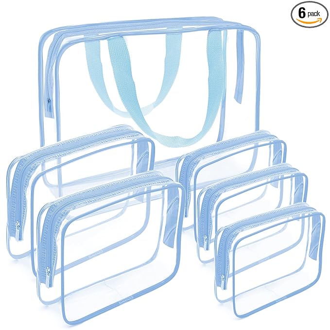 APREUTY Clear Makeup Bags, TSA Approved 6 Pcs Cosmetic Makeup Bags Set Clear PVC with Zipper Handle Portable Travel Luggage Pouch Airport Airline Vacation Organization (Haze Blue)