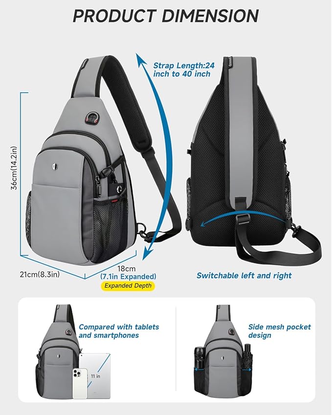 Expandable Sling Bag for Men, Anti-Theft Chest Pack with Water Bottle Pocket & Earphone Port, Crossbody Backpack for Hiking, Travel & Outdoor, Fits Switch 2, 11 Inch iPad, Grey | Mens Crossbody Bag