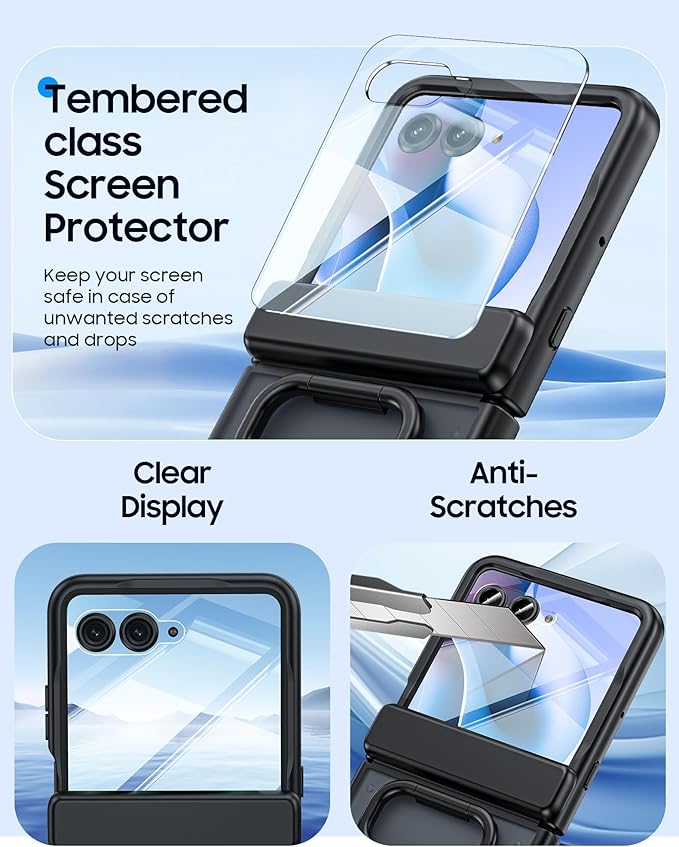 for Motorola Razr Ultra 2026 Case/Razr Ultra 2025 Case with Ring Holder,Hinge Protection, Screen Protector, Translucent Frosted Shockproof Slim Cover for Razr Ultra 2026/2025 -Black