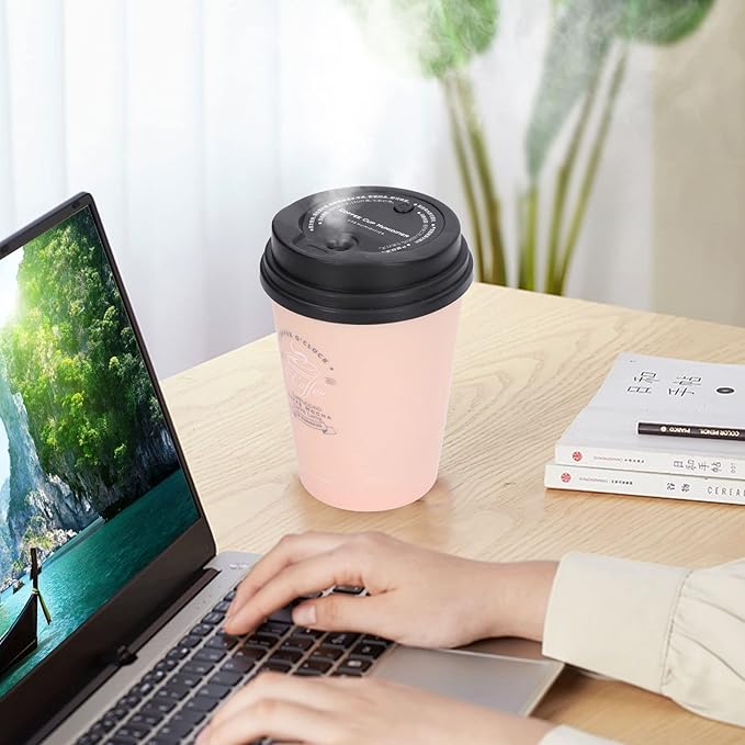 Portable Mini Humidifier, 300ml Car Humidifier Coffee Cup Low Noise Auto Off Lightweight Space Saving Travel Small USB Desk Humidifier for Car Bedroom and Office (Pink)