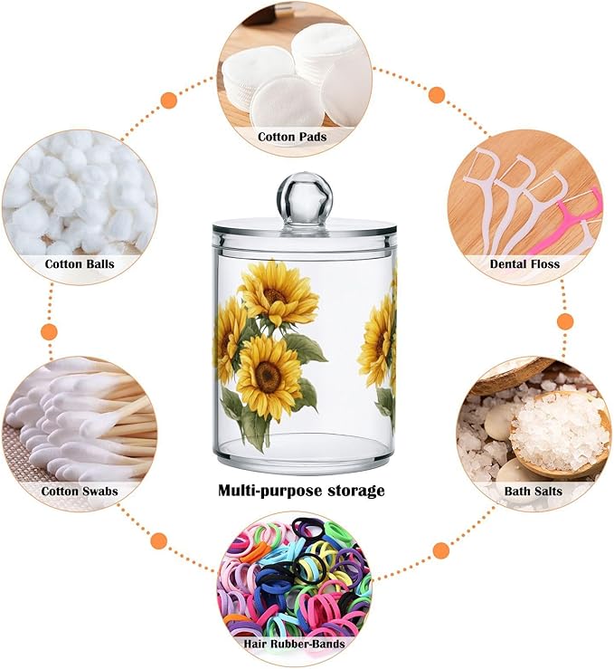 Gredecor Qtip Holder Dispenser 4 Pack Yellow Watercolor Sunflowers Apothecary Jars with Lids Bathroom Vanity Countertop Canister Storage Organizer for Cotton Ball,Swabs,Pads,Floss