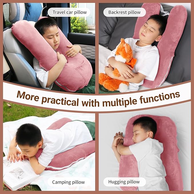 Travel Pillow for Kids & Adults, Car Pillow for Back Seat, Sleeping Support Cushion for Long Road Trips, Toddler Carseat Pillow with Removable & Washable Cover, Pink