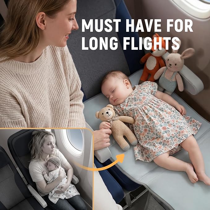 Grey Large Toddler Airplane Bed, Foldable Airplane Seat Extender Footrest, Portable Soft Kids Travel Sleeping Bed, Multi-Scene Flight Essentials for Toddlers Up to 55 lbs