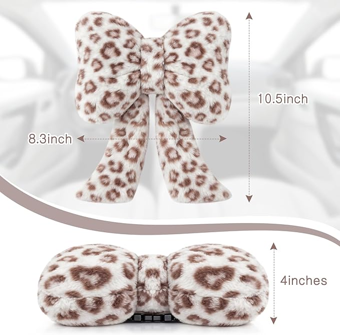 Macarrie 2 Pcs Car Neck Pillow Plush Butterfly Bow Car Headrest Pillow Comfortable Seat Neck Support Cute Head Rest Accessories for Driving Travel Driver Chair Girl Interior Decor(White,Leopard)