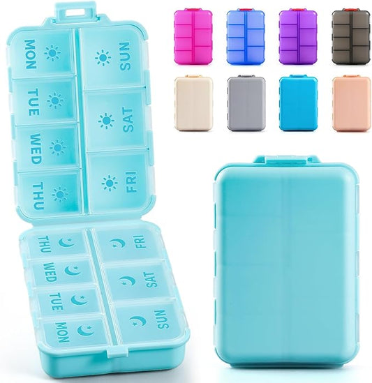 NEW Foldable & Double Protection Portable Weekly Pill Organizer 2 Times A Day with Etched Labels, AM PM 7 Day Week Medicine Box, Daily Travel Pill Case Dispenser for Vitamin, Supplement - Sky Blue