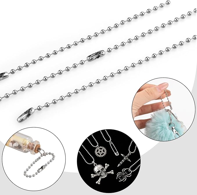 400 Pcs Long Bead Ball Chain Keychain 3.9 Inch Silver Ball Connector Clasp 2.4mm Diameter Metal Necklace Chains for Dog Tags Hanging Keychains, Jewelry Making Accessories