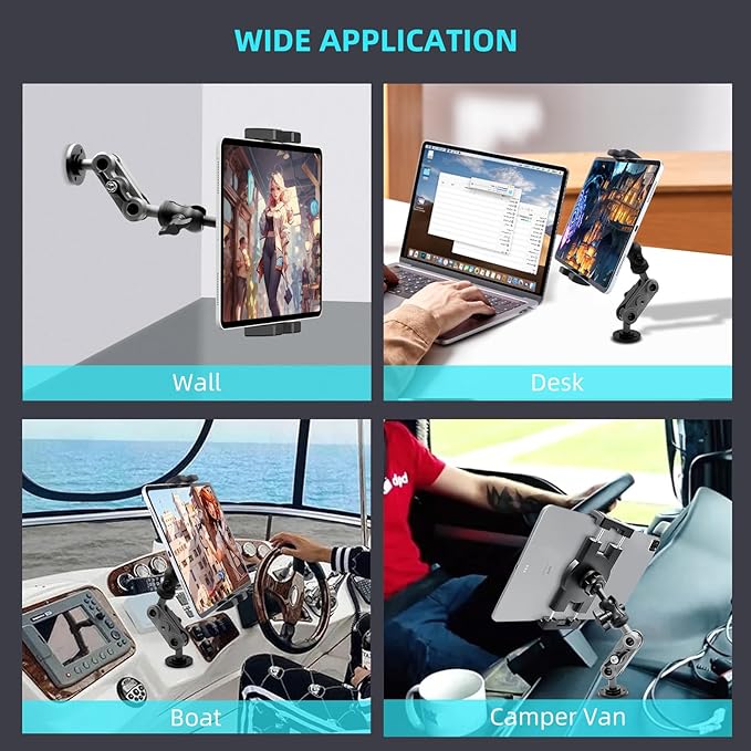 Porfortop Aluminum Heavy Duty Drill Base Tablet Holder Car Mount Dashboard, 360° Adjustable 2-Stage Stand for 4.7-12.9" iPad Pro/Air/Mini/Galaxy Tab, for Car Truck Wall Desk Commercial Vehicle