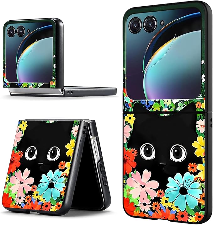 for Motorola Moto Razr 2024 Case,Moto Razr 50 Phone Case Cute Slim Hard PC Ultra-Thin Anti-Scratches Shockproof Protective Cover,Cute Cat Flower
