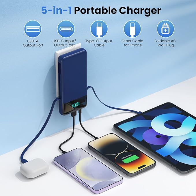 Portable Charger for iPhone with Built in Cables and Wall Plug,Upgraded 13800mAh Fast Charging USB C Power Bank,4 Outputs Travel Essential Battery Pack Compatible with iPhone 17/16/15/14,Galaxy-Blue