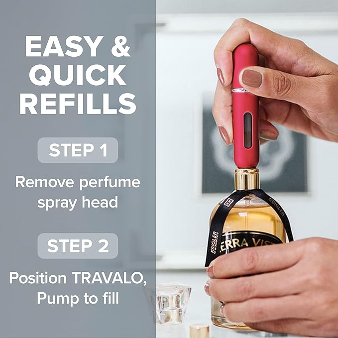 Travalo Classic HD Perfume Atomizer - Leak-Proof and TSA Approved for Air Travel - Reusable, Airtight, Easy-Fill Mini Pump Sprayer - Lightweight, Elegant Design w/Volume Window - Red 0.17oz