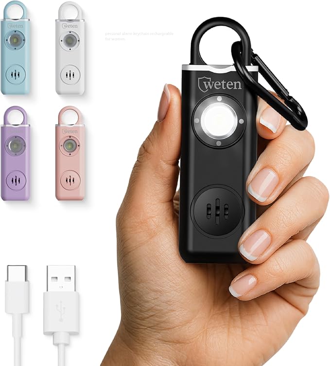 Personal Safety Alarm for Women Protection - 130dB Loud Panic Siren Rechargeable Keychain - LED Light, Carabiner Clip, Low Battery Alert, USB-C Charging Self Defense Alarm by Weten (Black)