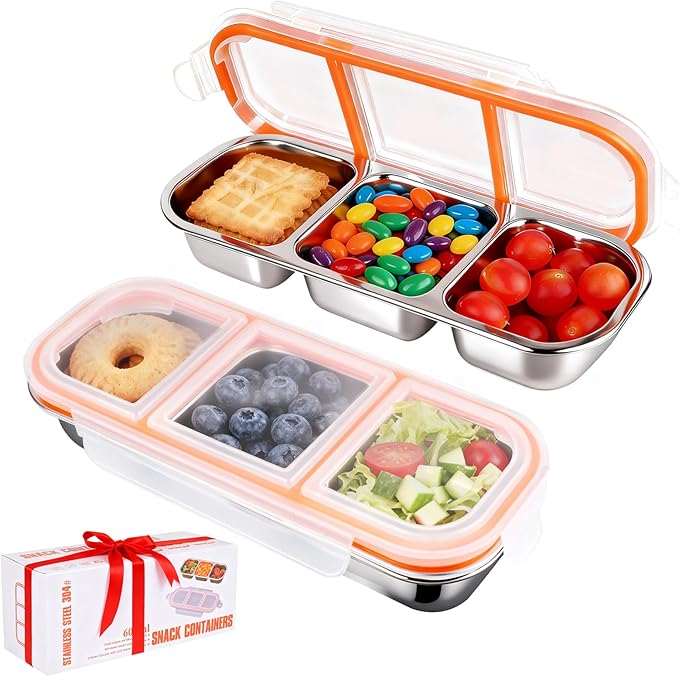 2 Pack 304 Stainless Steel Snack Containers - 3 Independent Sealed Compartments, Non-Toxic Leakproof Bento Box with Secure Lids. Snackle Box for Kids & Adults, Body Management & On-the-Go Snacking!